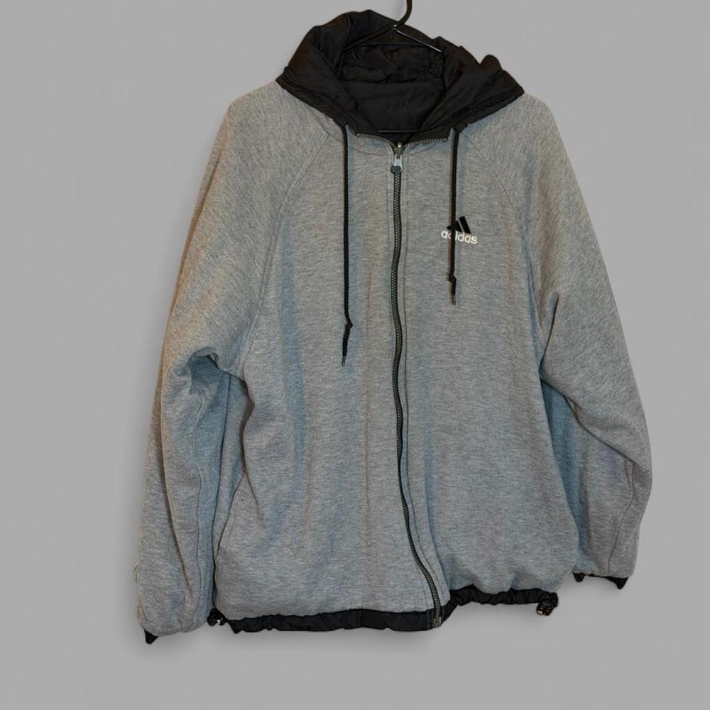 Vintage Adidas Men's Zip-Up hooded reversible Coat Jacket in Gray Black XL